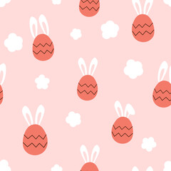 Seamless pattern with Easter eggs, rabbit bunny ears and cute flower on pink background vector illustration. Cute childish print.