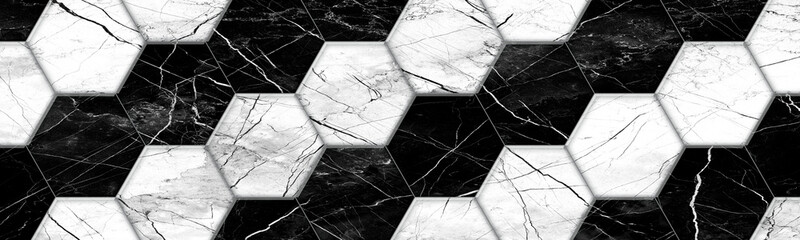 Hex tiles dual tone diagonal marble black and white flooring