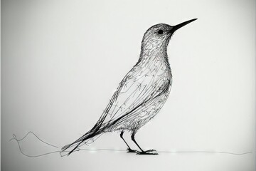 a wire bird sitting on top of a white floor next to a wire ball on a wire string fence and a wire ball on the ground next to the bird's head and neck.