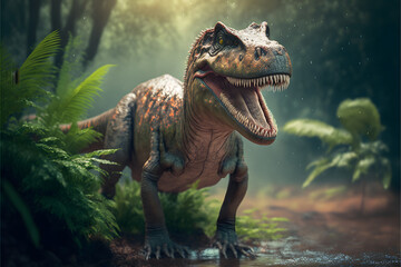 close up of a happy smiling predator carnivorous dinosaur in a jungel, 3D Carnivorous reptile, Prehistoric hunter, illustration digital generative ai design art style