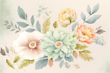 Fototapeta na wymiar a bouquet of flowers on a white background with green leaves and flowers in pastel colors with a light green background and a light pink background with a light green border and a few blue.