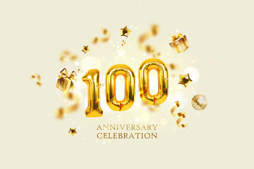 Gold Balloons 100 with golden gifts, confetti, stars and a mirrored balloon on a beige background...