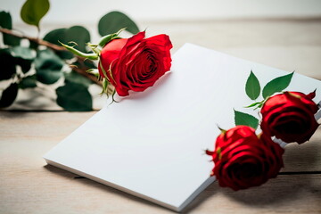 Beautiful rose  paper card with gift card on wooden background . Generative AI
