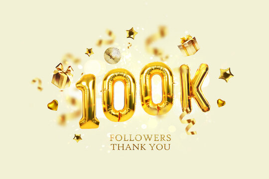 Gold balloons 100k subscribers celebration with confetti, gold gifts, stars and hearts on a beige background with sparks.  Successful and follower, creative idea. Luxury celebration card with numbered