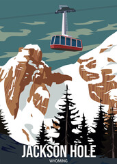 Jackson Hole Travel Ski resort poster vintage. Wyoming USA winter landscape travel card - obrazy, fototapety, plakaty