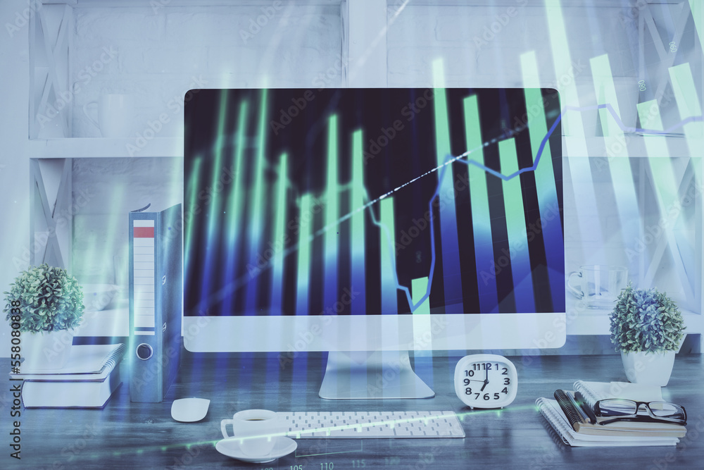 Poster forex graph hologram on table with computer background. double exposure. concept of financial market