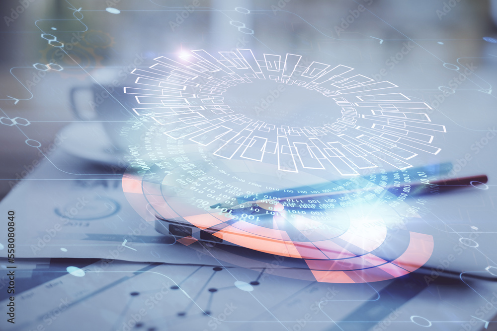 Aufkleber Double exposure of table with computer on background and data theme hologram. Data technology concept.