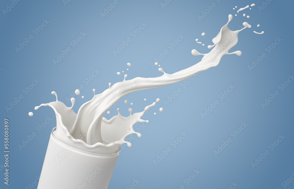 Poster splash of milk in the glass and pouring isolated on background with clipping path,3d rendering