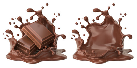 chocolate pieces falling on chocolate sauce with clipping path 3d illustration.