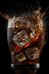 a glass of cola with ice cubes, in a cube, splash ,studio lighting photorealistic effects, refraction, caustics, dark background, illustration digital generative ai design art style