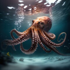 an octopus swimming in the ocean with its head above the water's surface, with a fish swimming by it's side, and another fish swimming in the water behind it's back.