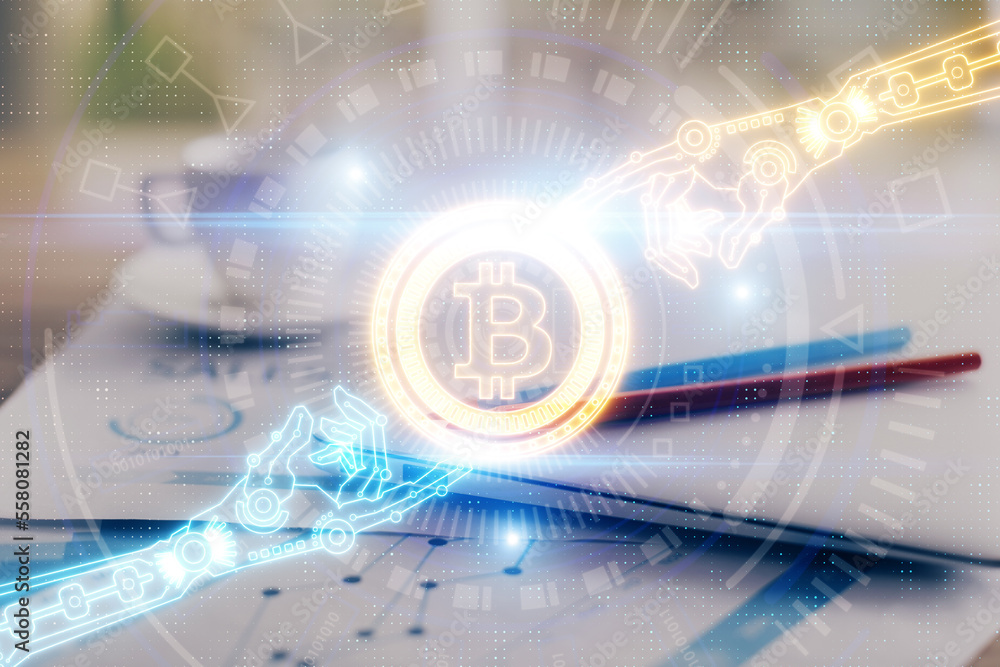 Poster Double exposure of blockchain and crypto economy theme hologram and table with computer background. Concept of bitcoin cryptocurrency.