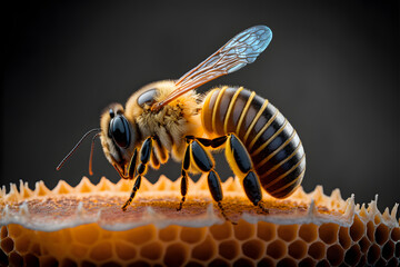 close up of a bee on honeycomb with honey, realistic, dark background, studio macro, illustration digital generative ai design art style - obrazy, fototapety, plakaty