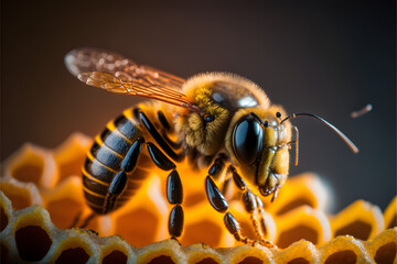 close up of a bee on honeycomb with honey, realistic, dark background, studio macro, illustration digital generative ai design art style