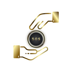 50 USD coin cashback golden symbol, gold hand giving a dollar coin, with premium hands.