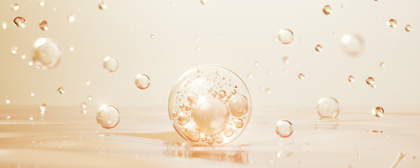 golden yellow Bubbles oil or collagen serum for cosmetic product, 3d rendering.