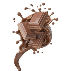 chocolate pieces falling on chocolate sauce with clipping path 3d illustration.