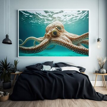 An Octopus Is Swimming In The Water Under The Light Of A Painting On A Wall Above A Bed In A Room With A Wooden Floor And A Black Blanket On The Floor And A Wooden Floor.