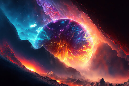 wallpaper background, a glorious galaxy rise from the surface of an ocean planet, abstract graphic design