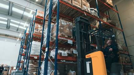 Logistic warehouse factory cardboards on shelf