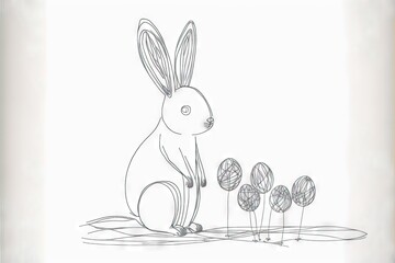 a drawing of a rabbit sitting in the grass with three flowers in front of it and a third bunny sitting in the grass behind it with three flowers in front of them, and a.