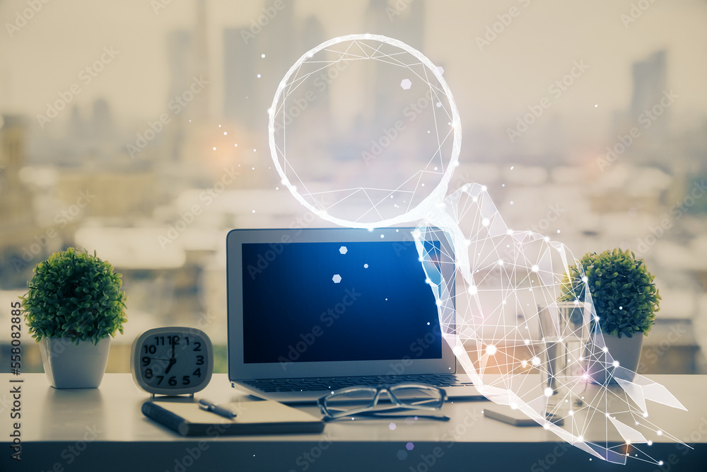 Poster desktop computer background in office and start up theme hologram drawing. double exposure. startup 