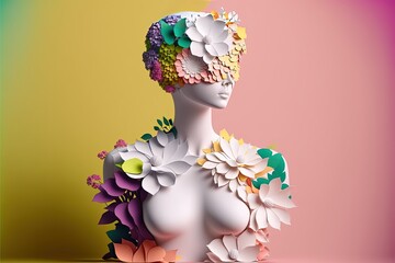 Female bust white mannequin covered with colorful flowers. Generative ai