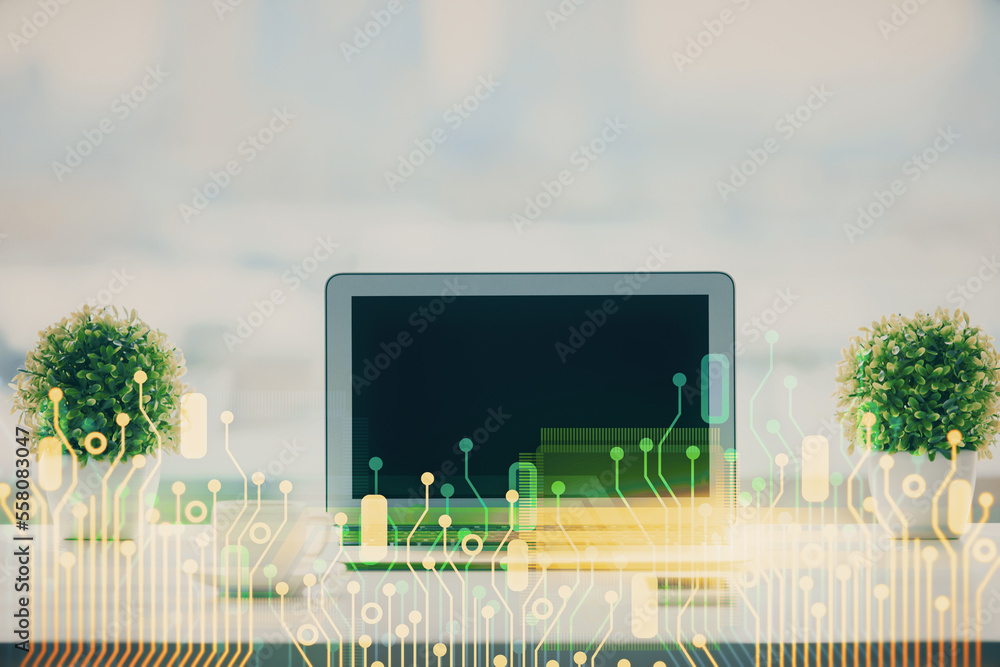 Aufkleber double exposure of table with computer on background and data theme drawing. concept of innovation.