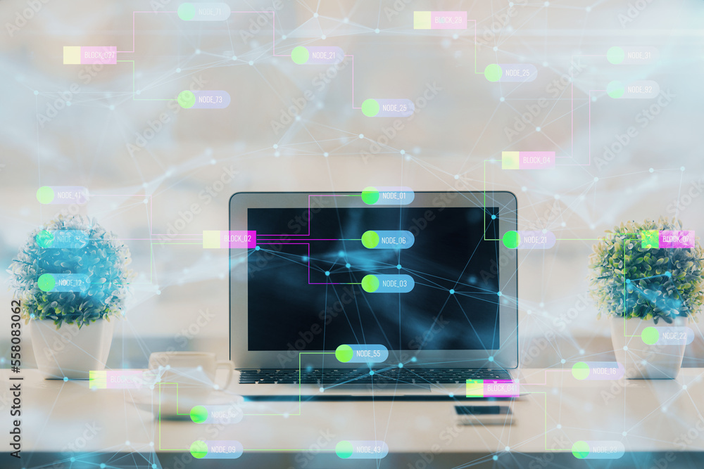Poster double exposure of table with computer on background and data theme drawing. concept of innovation.