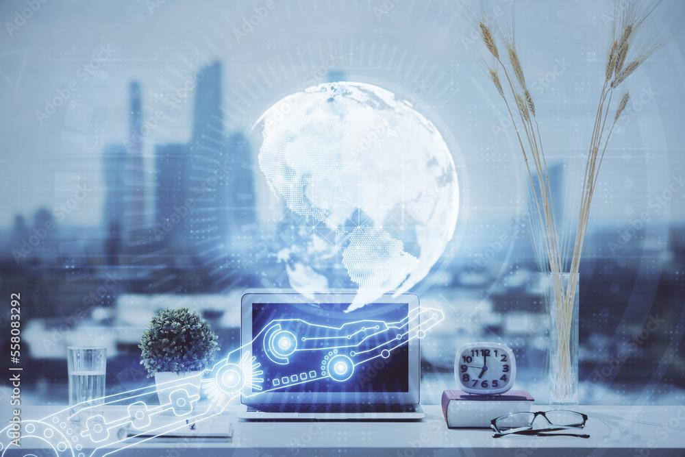 Poster Double exposure of desktop with computer and world map hologram. International data network concept.