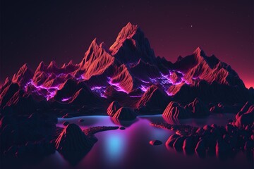 Fototapeta na wymiar Arial view of neon landscape with mountains. Gnerative ai
