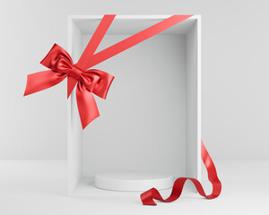 White open Gift Box with Red Bow ribbon, Minimal podium display inside Gift Box for product display, 3d rendering.