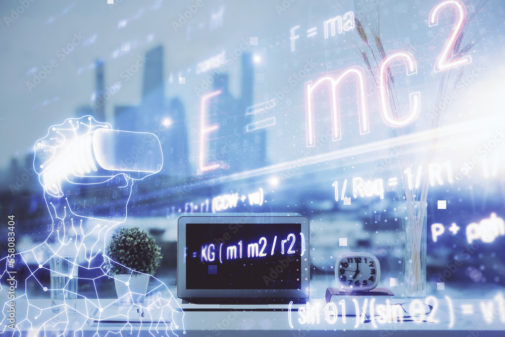 Poster desktop computer background and formula hologram writing. double exposure. education concept.
