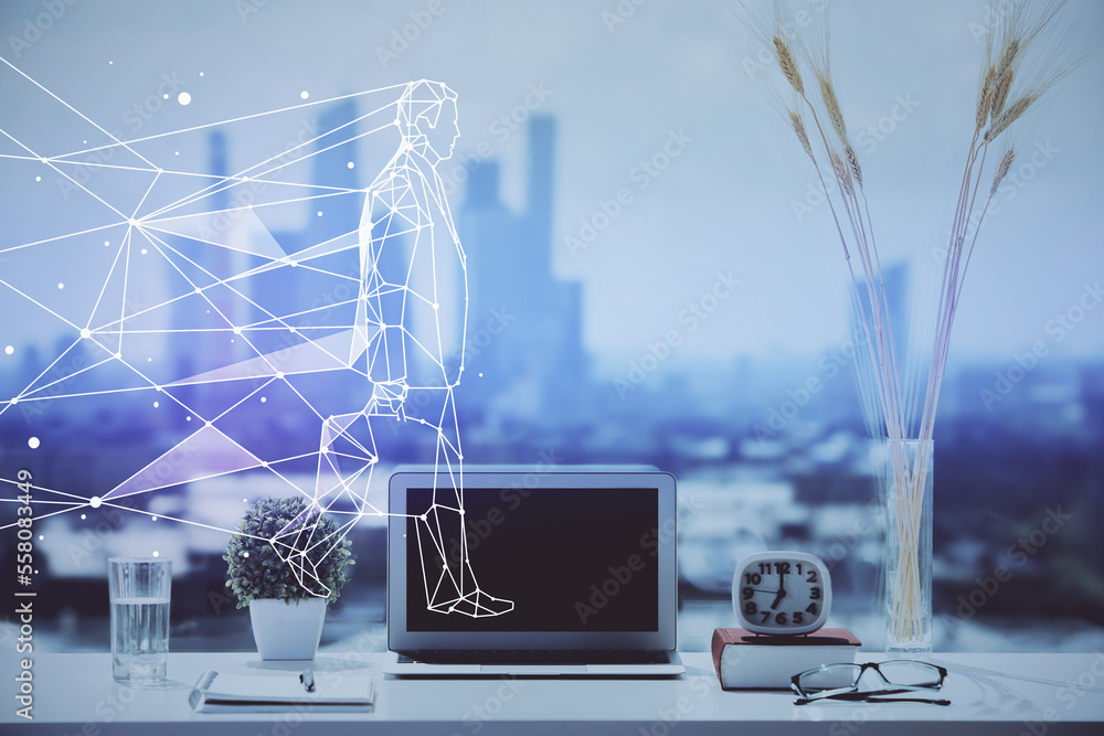 Poster Desktop computer background in office and start up theme hologram drawing. Double exposure. Startup concept.