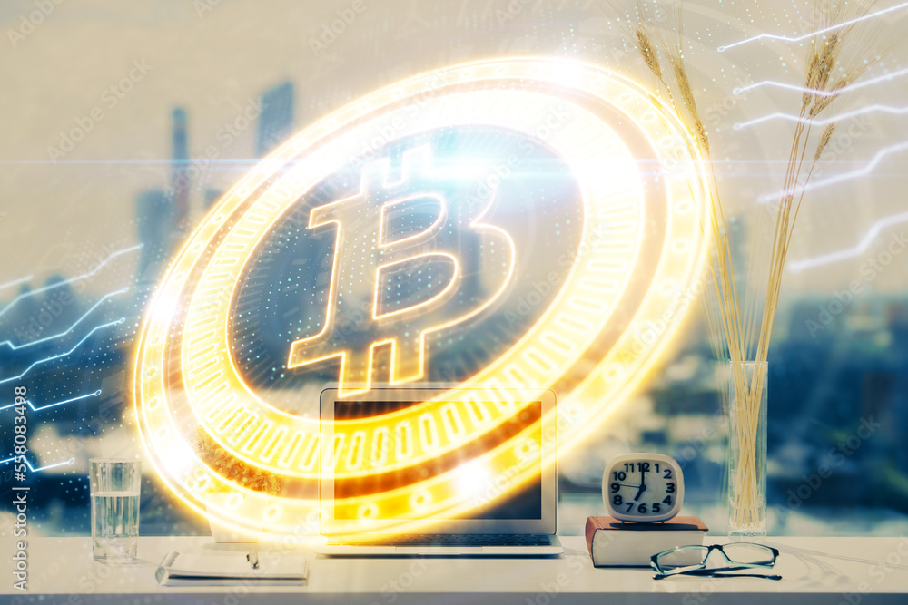 Poster Double exposure of blockchain and crypto economy theme hologram and table with computer background. Concept of bitcoin cryptocurrency.