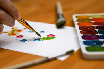 Painting as a hobby. Closeup photo of an unrecognizable woman painting Christmas garland at her home