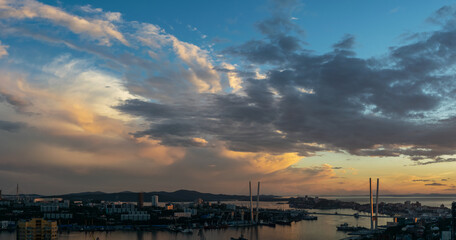 Vladivostok cityscape, sunset view. Panoramic view.