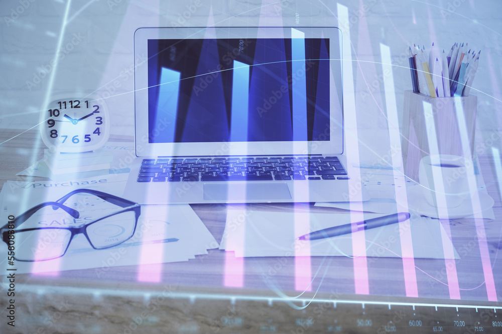 Poster forex chart hologram on table with computer background. double exposure. concept of financial market