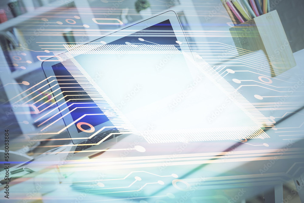 Aufkleber Double exposure of desktop with personal computer on background and tech theme drawing. Concept of data analysis.