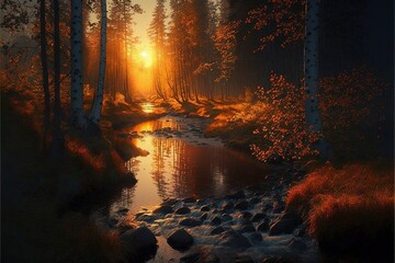 Obraz premium Autumn forest and forest stream on sunset. generative ai