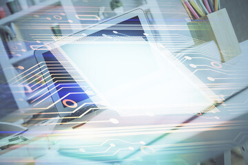 Obraz premium Double exposure of desktop with personal computer on background and tech theme drawing. Concept of data analysis.