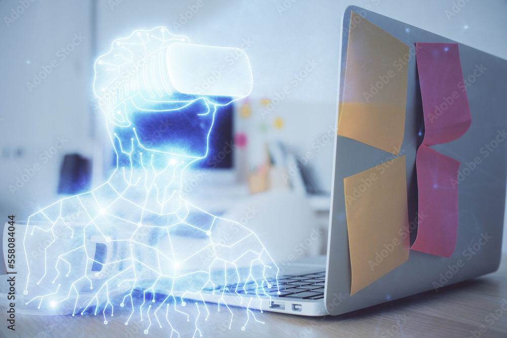 Aufkleber computer on desktop with ar theme icon. multi exposure. concept of augmented reality.