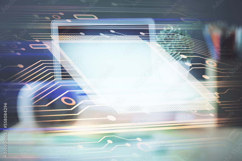 Poster double exposure of desktop computer and technology theme hologram. concept of software development.