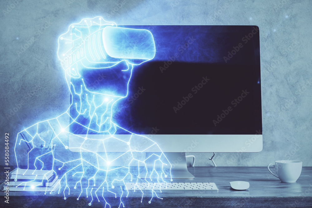 Aufkleber computer on desktop with ar theme icon. multi exposure. concept of augmented reality.