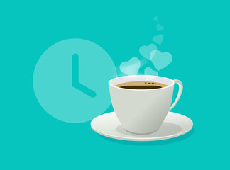 Coffee break time vector icon or breakfast tea cup mug morning with clock watch modern 3d illustration design, cafe restaurant poster idea, fun hot love hearts aroma as steam smoke drink graphic image