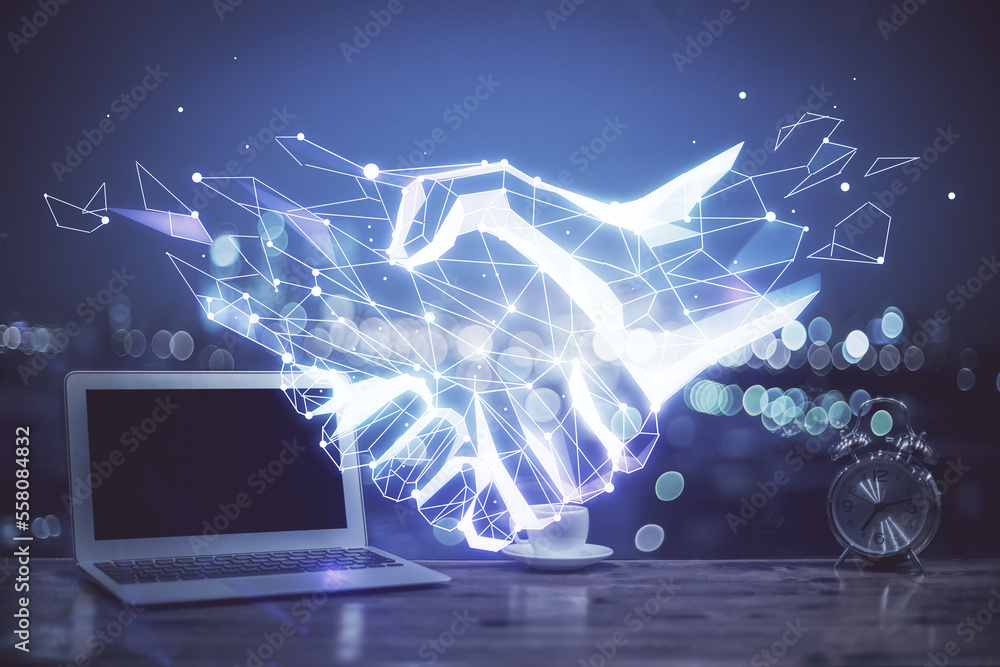 Poster desktop computer background in office and handshake hologram drawing. double exposure. pertnership c
