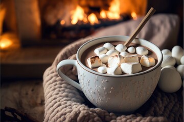 a cup of hot chocolate with marshmallows in front of a fireplace with a spoon in it.