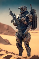 futuristic post-apocalyptic desert armored security. generative ai