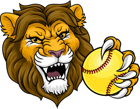 A lion animal softball sports team cartoon mascot