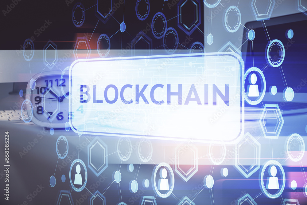 Poster Multi exposure of blockchain theme hologram and table with computer background. Concept of bitcoin crypto currency.